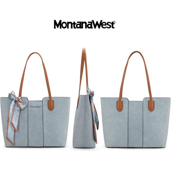 Women Pastel Blue Vegan Leather Satchel Top Handle Polyester Lining Tote Bags - Picture 3 of 4